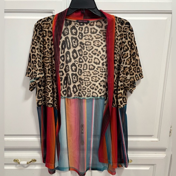 Crazy Train Sweaters - Crazy Train Animal Print Vibrant Striped Short Sleeve Mesh Cardigan One Size